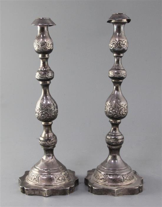 A pair of 1930s silver Sabbath day candlesticks by Moshe Rubin, 33.5cm.